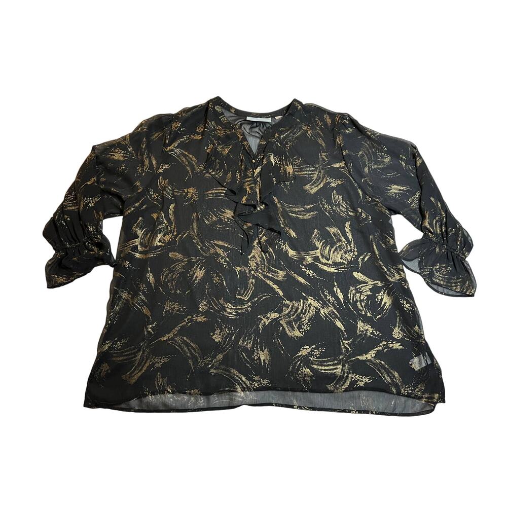 Avenue Brush Stroke Ruffle Trim Sheer Blouse Size 30/32 Party Metallic